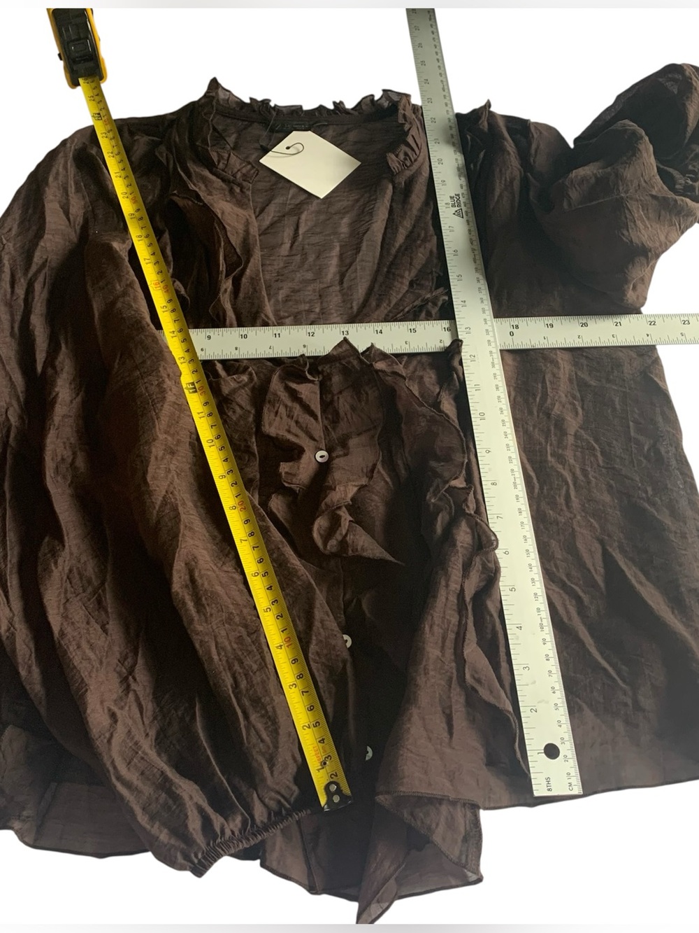 🆕 Zara V‑neck Tunic-top Semi Sheer Ruffles Mother‑of‑pearl Buttons PuffLS BRN XL - Picture 10 of 11